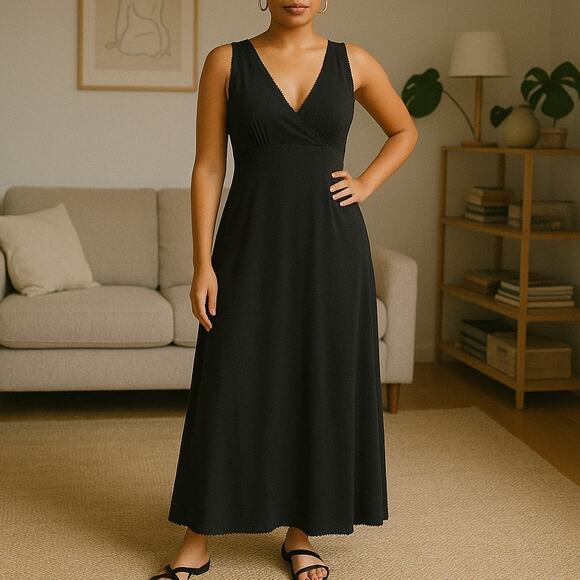 1970s Vintage Black Maxi Dress Sleeveless Deep V Neck Boho Glam - Picture 1 of 8